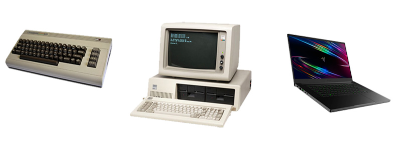 Images of a commodore 64, an IBM PC XT and a gaming laptop